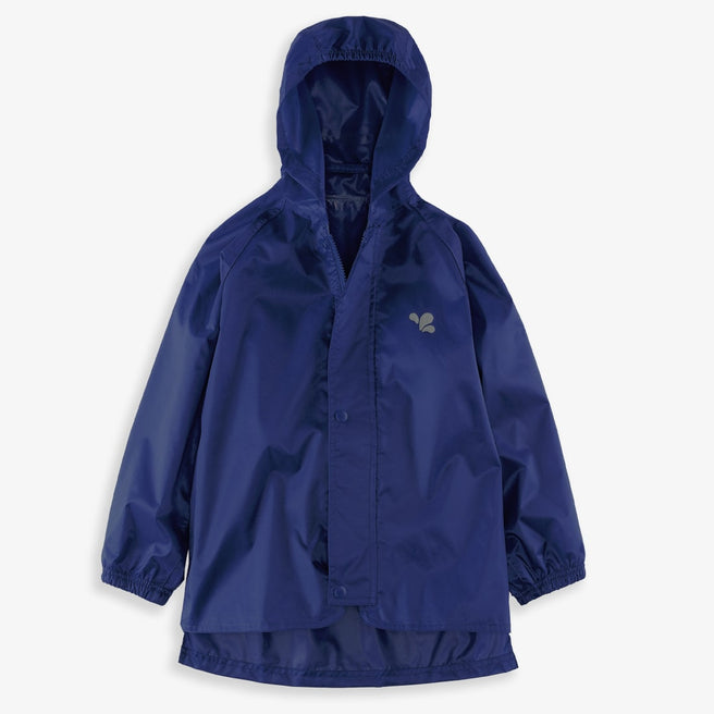 Originals Waterproof Jacket Navy, a blue waterproof jacket with a hood, laid flat on a white background.